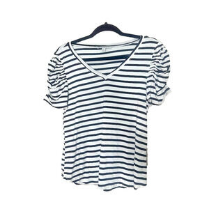 Green Envelope Womens Small White w/Black Stripe Short Puff Sleeve V-Neck Top